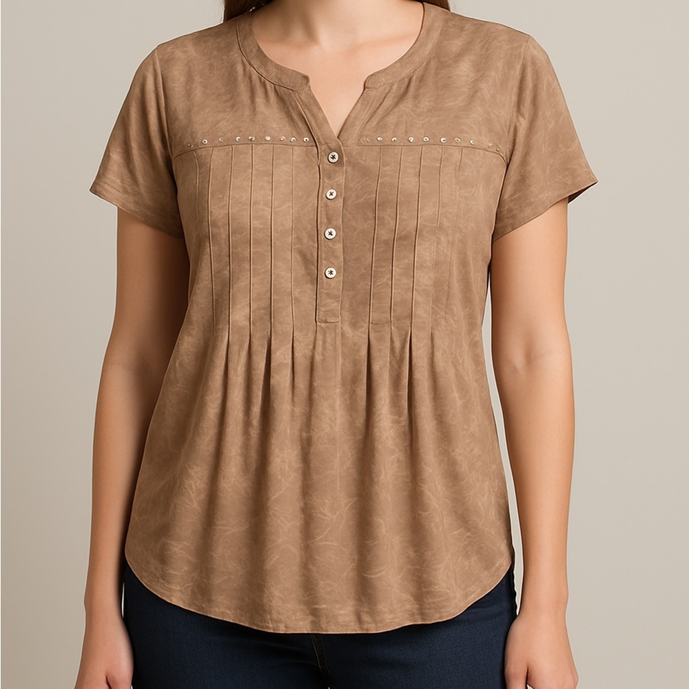 Sienna Grace Brown Tunic Top Medium Embroidered Pintuck Short Sleeve Blouse